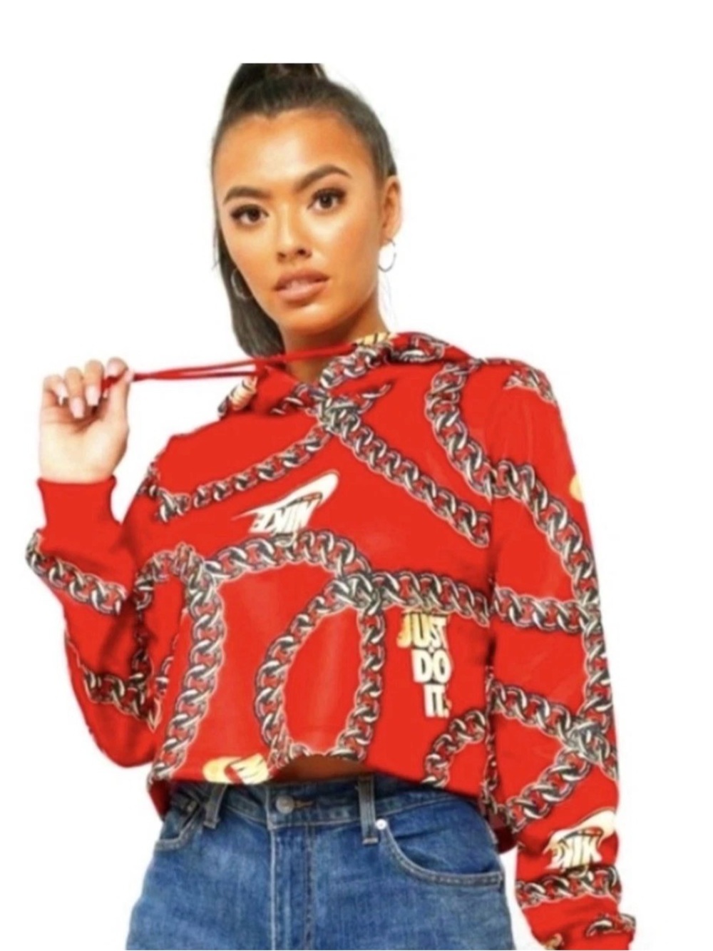 Nike Red Icon Clash Chain-Print Cropped Hoodie size Medium